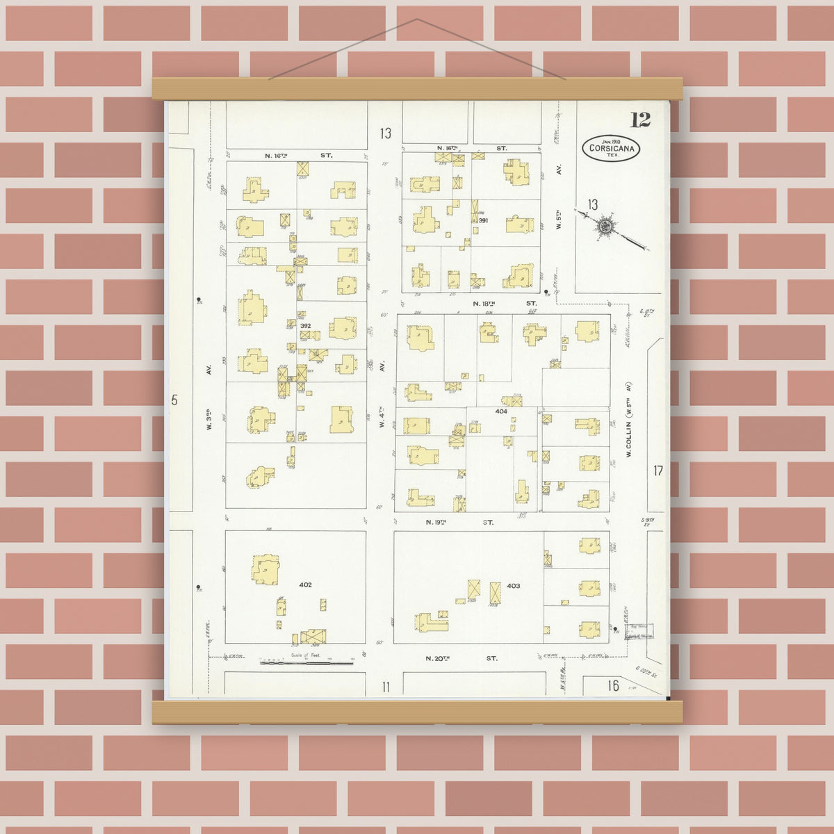 Old map wall art mockup — magnetic wood frame on brick wall — Sanborn Fire Insurance Map from Corsicana, Navarro County, Texas (1910), Sheet #0012