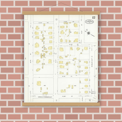 Old map wall art mockup — magnetic wood frame on brick wall — Sanborn Fire Insurance Map from Corsicana, Navarro County, Texas (1910), Sheet #0012