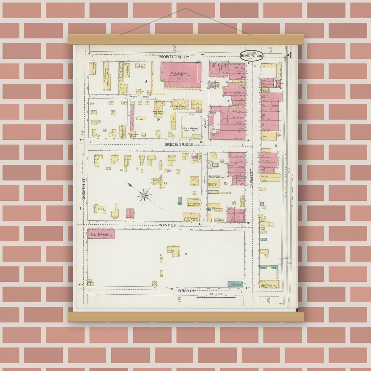 Old map wall art mockup — magnetic wood frame on brick wall — Sanborn Fire Insurance Map from Henderson, Vance County, North Carolina (1893), Sheet #0004
