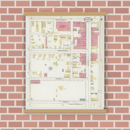 Old map wall art mockup — magnetic wood frame on brick wall — Sanborn Fire Insurance Map from Henderson, Vance County, North Carolina (1893), Sheet #0004