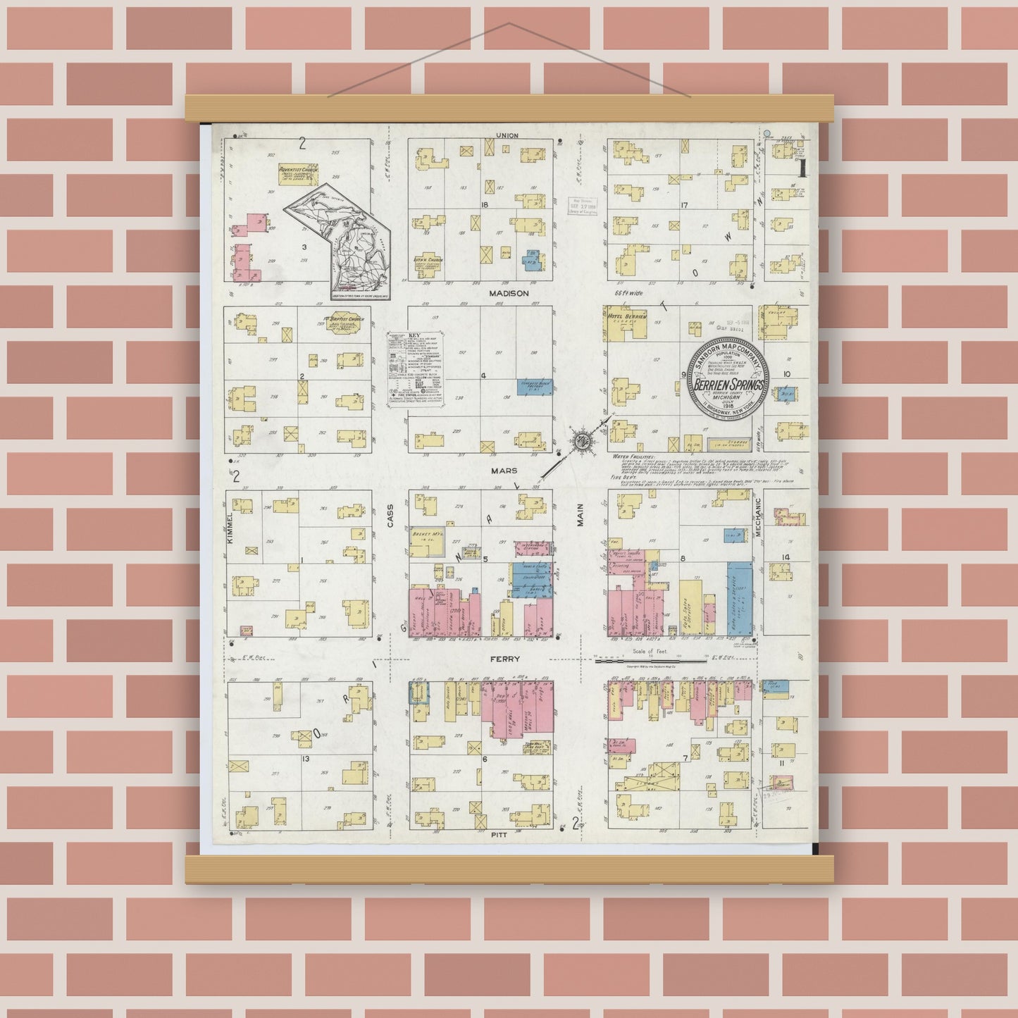 Old map wall art mockup — magnetic wood frame on brick wall — Sanborn Fire Insurance Map from Berrien Springs, Berrien County, Michigan (1918), Sheet #0001