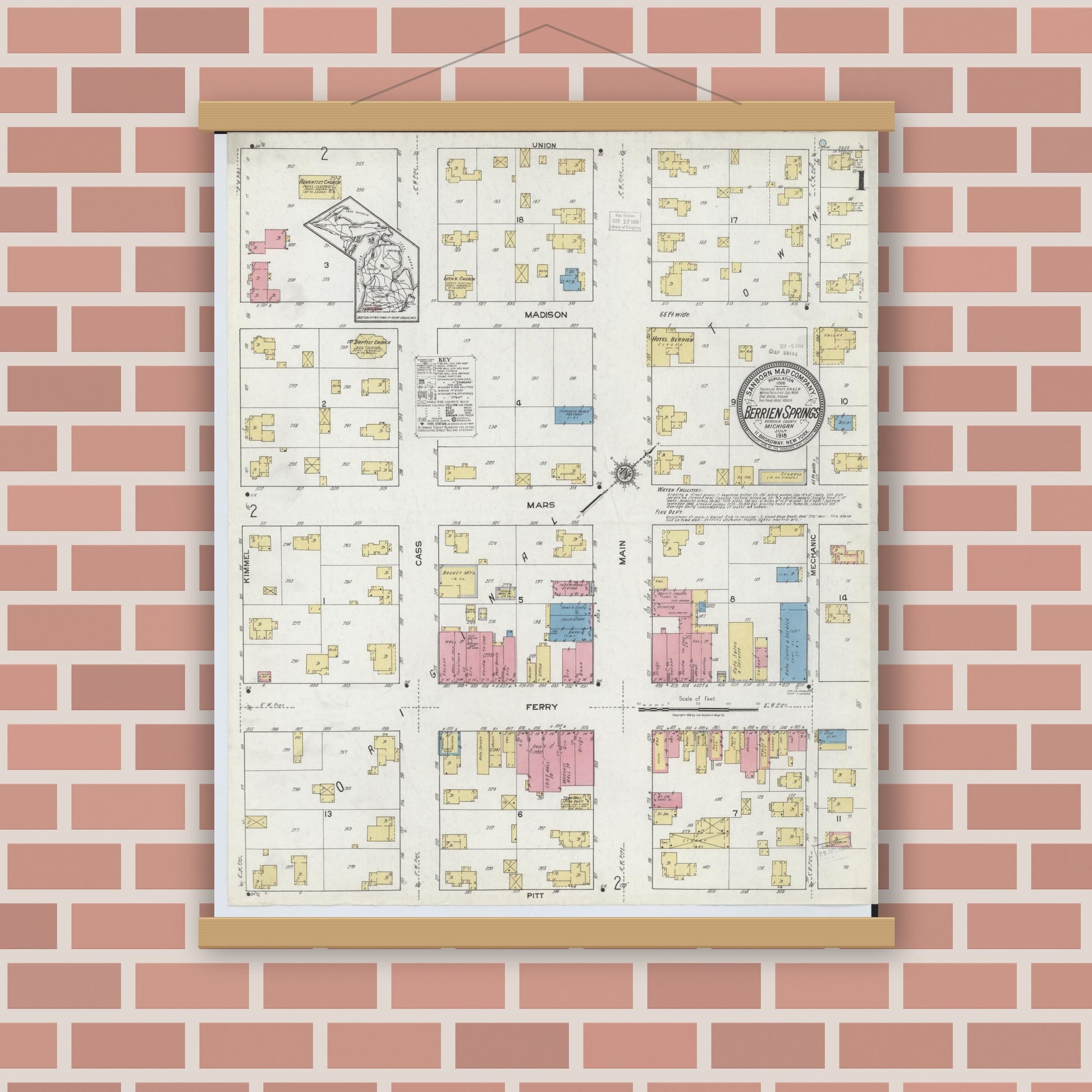 Old map wall art mockup — magnetic wood frame on brick wall — Sanborn Fire Insurance Map from Berrien Springs, Berrien County, Michigan (1918), Sheet #0001