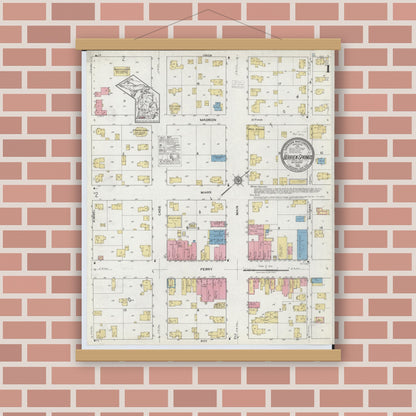 Old map wall art mockup — magnetic wood frame on brick wall — Sanborn Fire Insurance Map from Berrien Springs, Berrien County, Michigan (1918), Sheet #0001