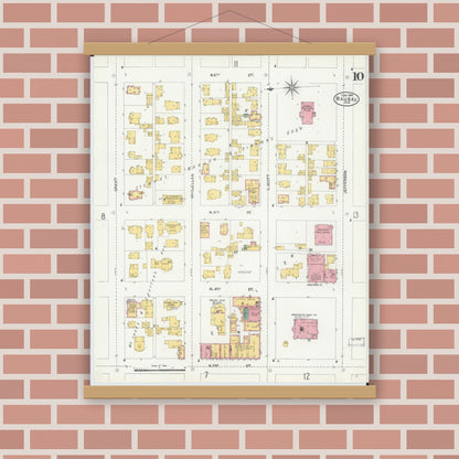 Old map wall art mockup — magnetic wood frame on brick wall — Sanborn Fire Insurance Map from Wausau, Marathon County, Wisconsin (1904), Sheet #0010