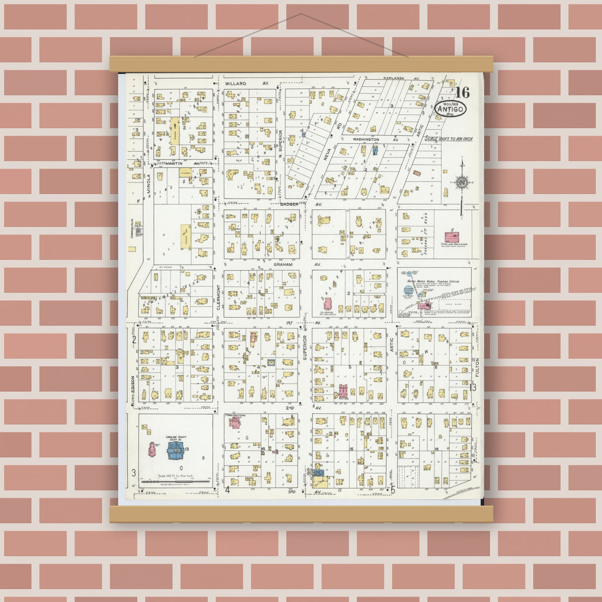 Old map wall art mockup — magnetic wood frame on brick wall — Sanborn Fire Insurance Map from Antigo, Langlade County, Wisconsin (1919), Sheet #0016