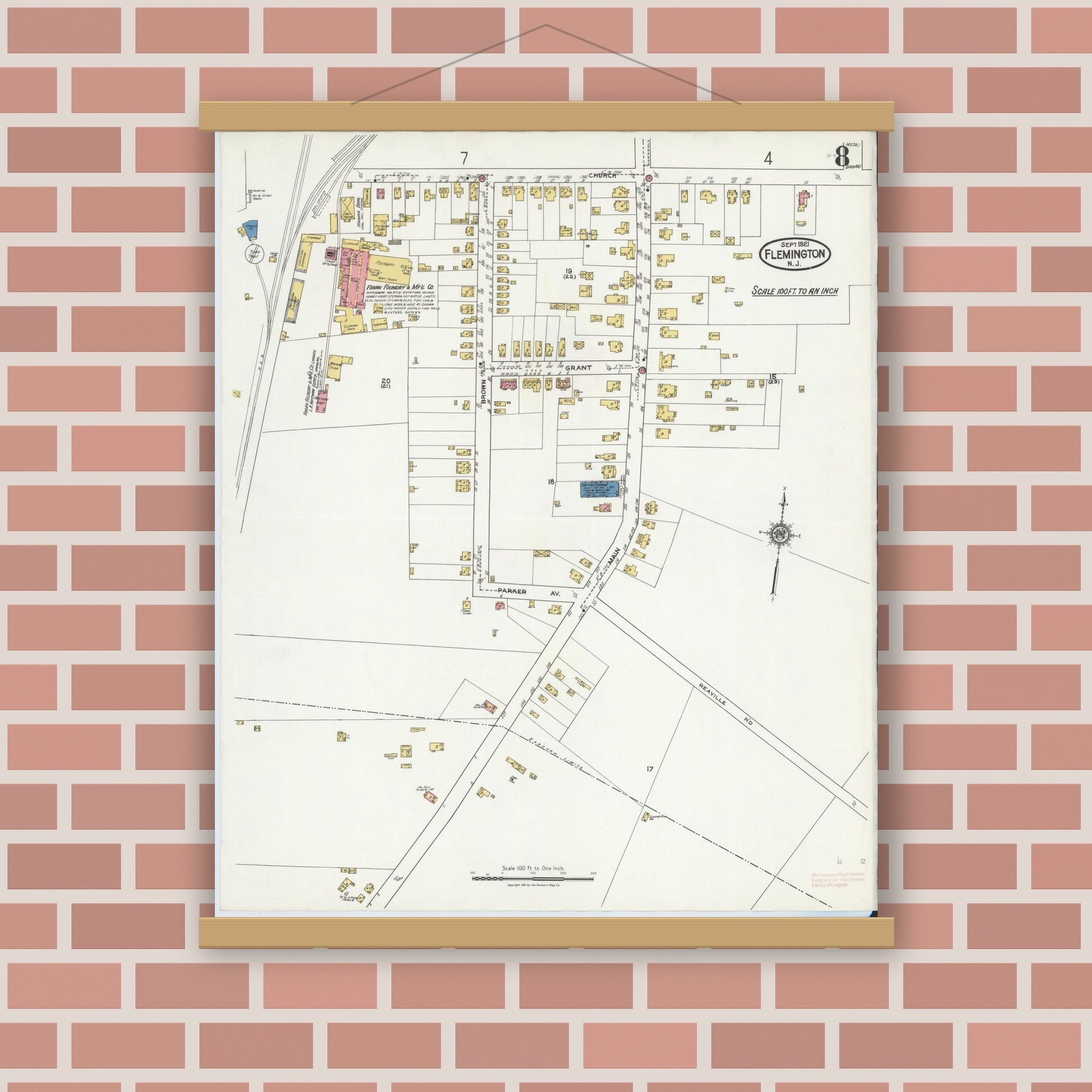 Old map wall art mockup — magnetic wood frame on brick wall — Sanborn Fire Insurance Map from Flemington, Hunterdon County, New Jersey (1921), Sheet #0008
