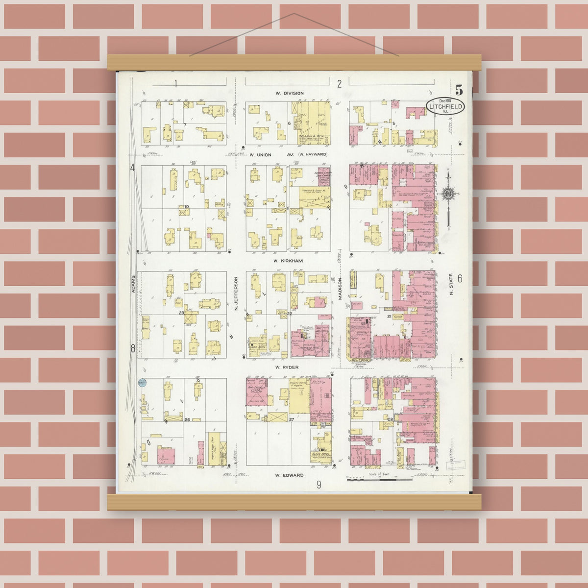 Old map wall art mockup — magnetic wood frame on brick wall — Sanborn Fire Insurance Map from Litchfield, Montgomery County, Illinois (1910), Sheet #0005