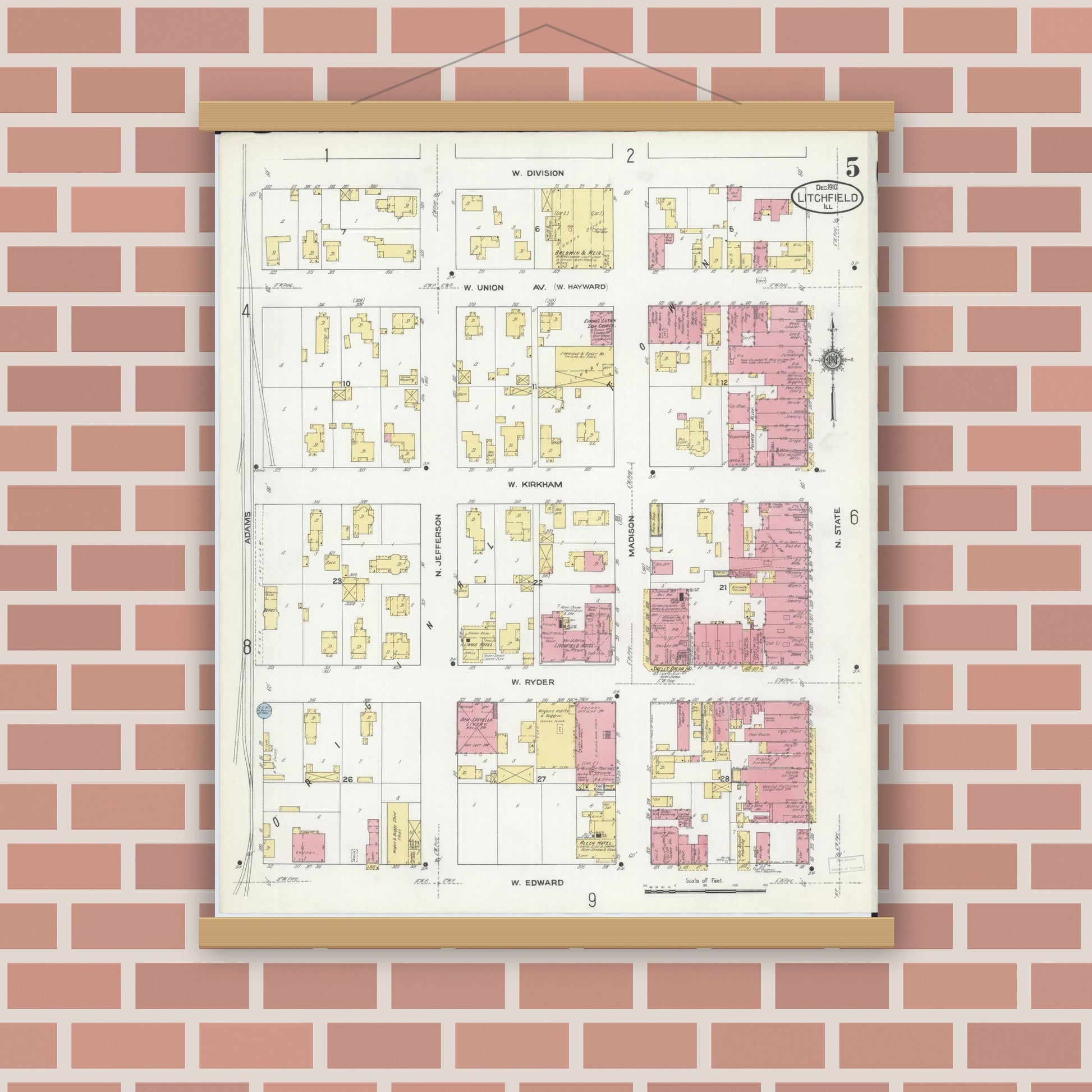 Old map wall art mockup — magnetic wood frame on brick wall — Sanborn Fire Insurance Map from Litchfield, Montgomery County, Illinois (1910), Sheet #0005