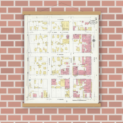 Old map wall art mockup — magnetic wood frame on brick wall — Sanborn Fire Insurance Map from Litchfield, Montgomery County, Illinois (1910), Sheet #0005