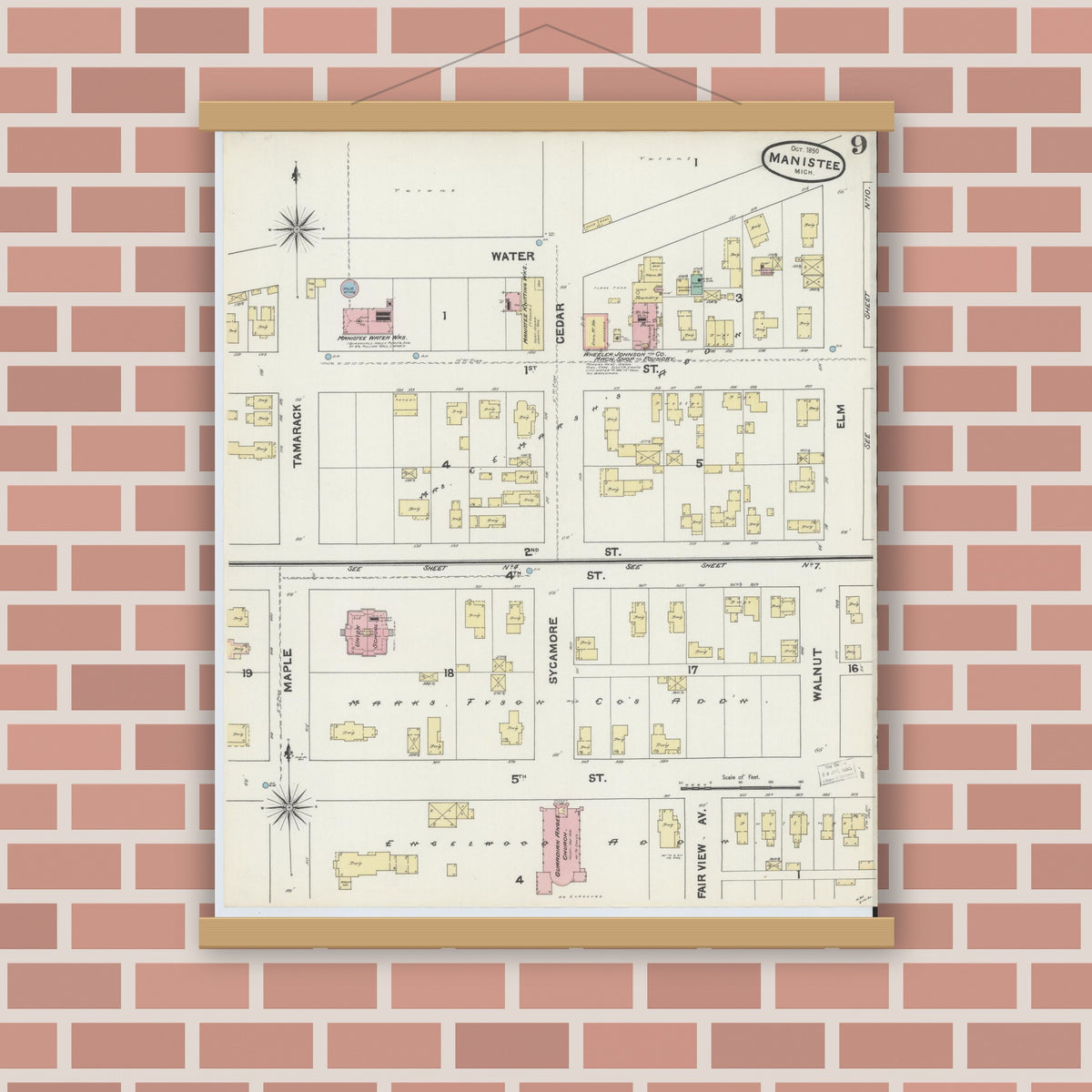 Old map wall art mockup — magnetic wood frame on brick wall — Sanborn Fire Insurance Map from Manistee, Manistee County, Michigan (1890), Sheet #0009