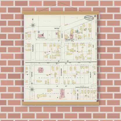 Old map wall art mockup — magnetic wood frame on brick wall — Sanborn Fire Insurance Map from Manistee, Manistee County, Michigan (1890), Sheet #0009