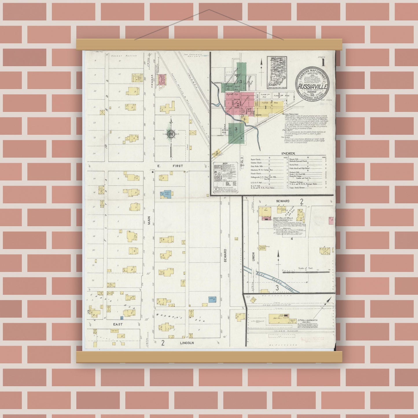 Old map wall art mockup — magnetic wood frame on brick wall — Sanborn Fire Insurance Map from Russiaville, Howard County, Indiana (1913) - Complete Map Set