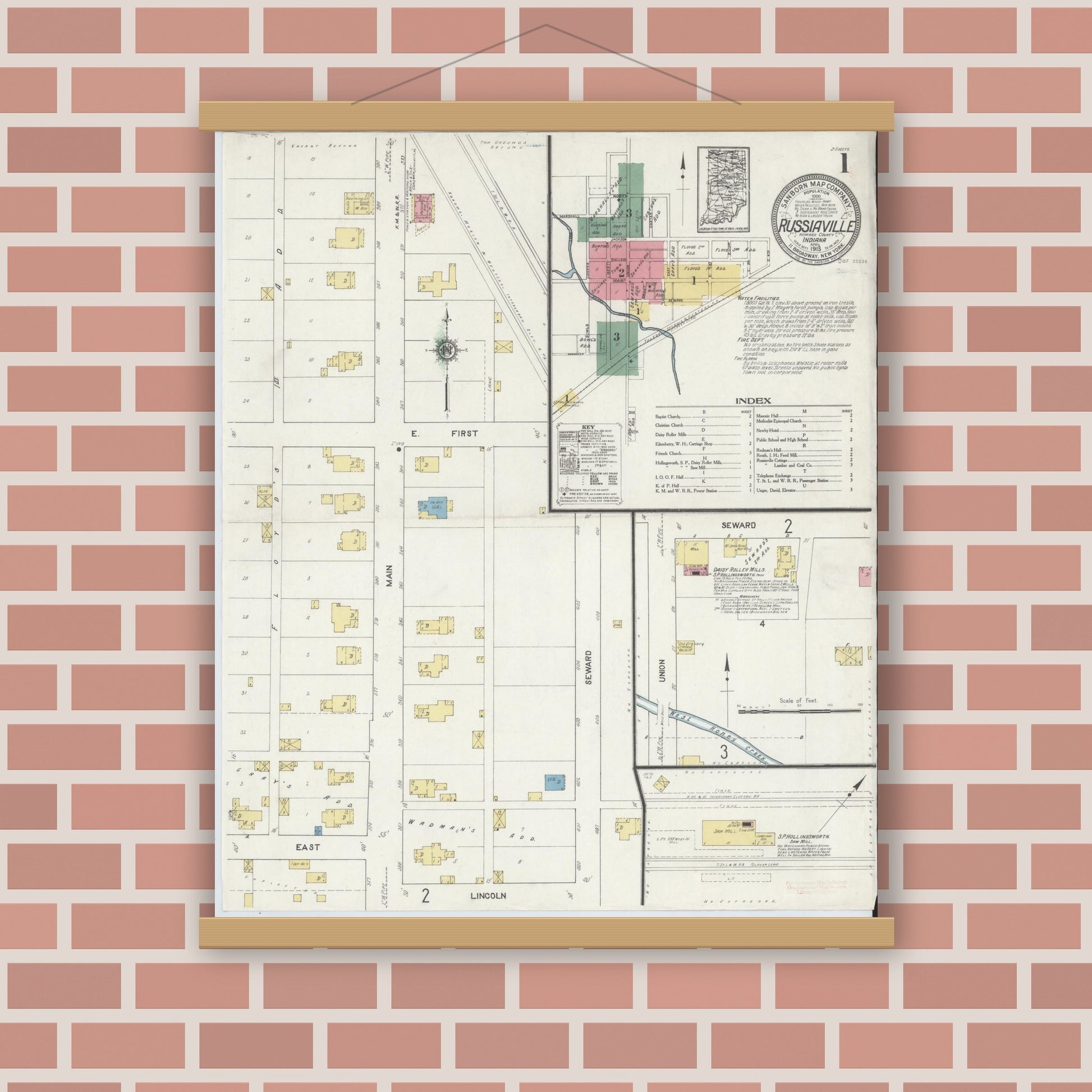 Old map wall art mockup — magnetic wood frame on brick wall — Sanborn Fire Insurance Map from Russiaville, Howard County, Indiana (1913) - Complete Map Set