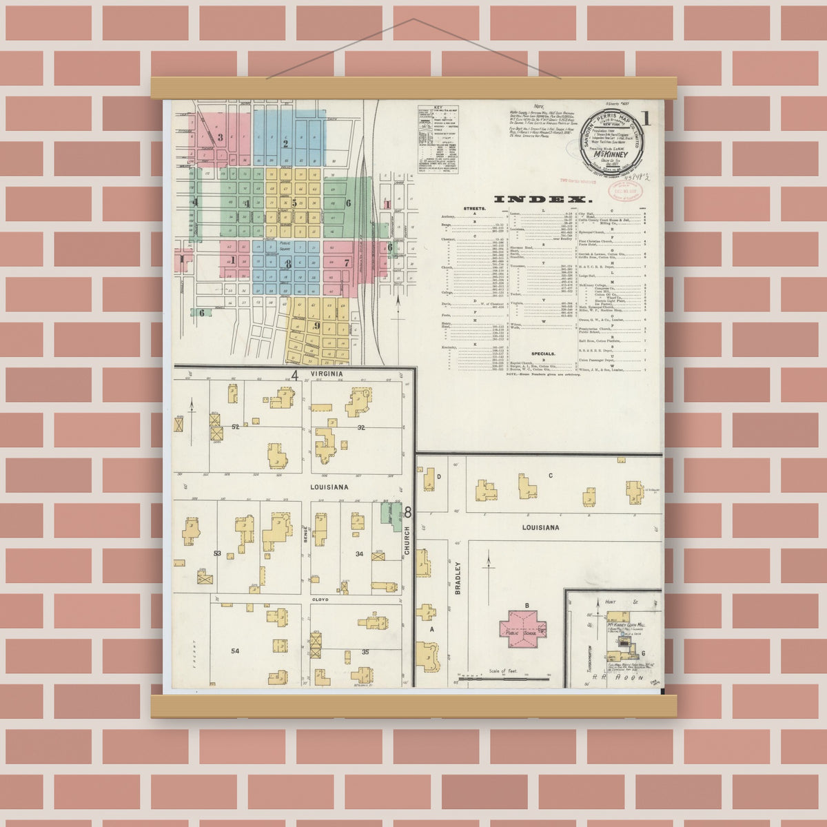 Old map wall art mockup — magnetic wood frame on brick wall — Sanborn Fire Insurance Map from McKinney, Collin County, Texas (1897) - Complete Map Set