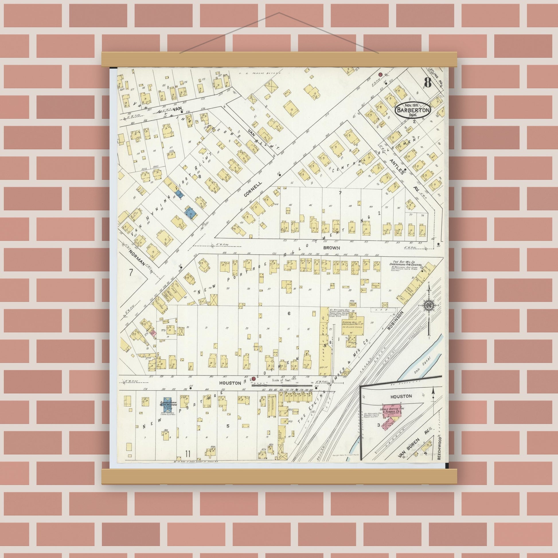 Old map wall art mockup — magnetic wood frame on brick wall — Sanborn Fire Insurance Map from Barberton, Summit County, Ohio (1916), Sheet #0008