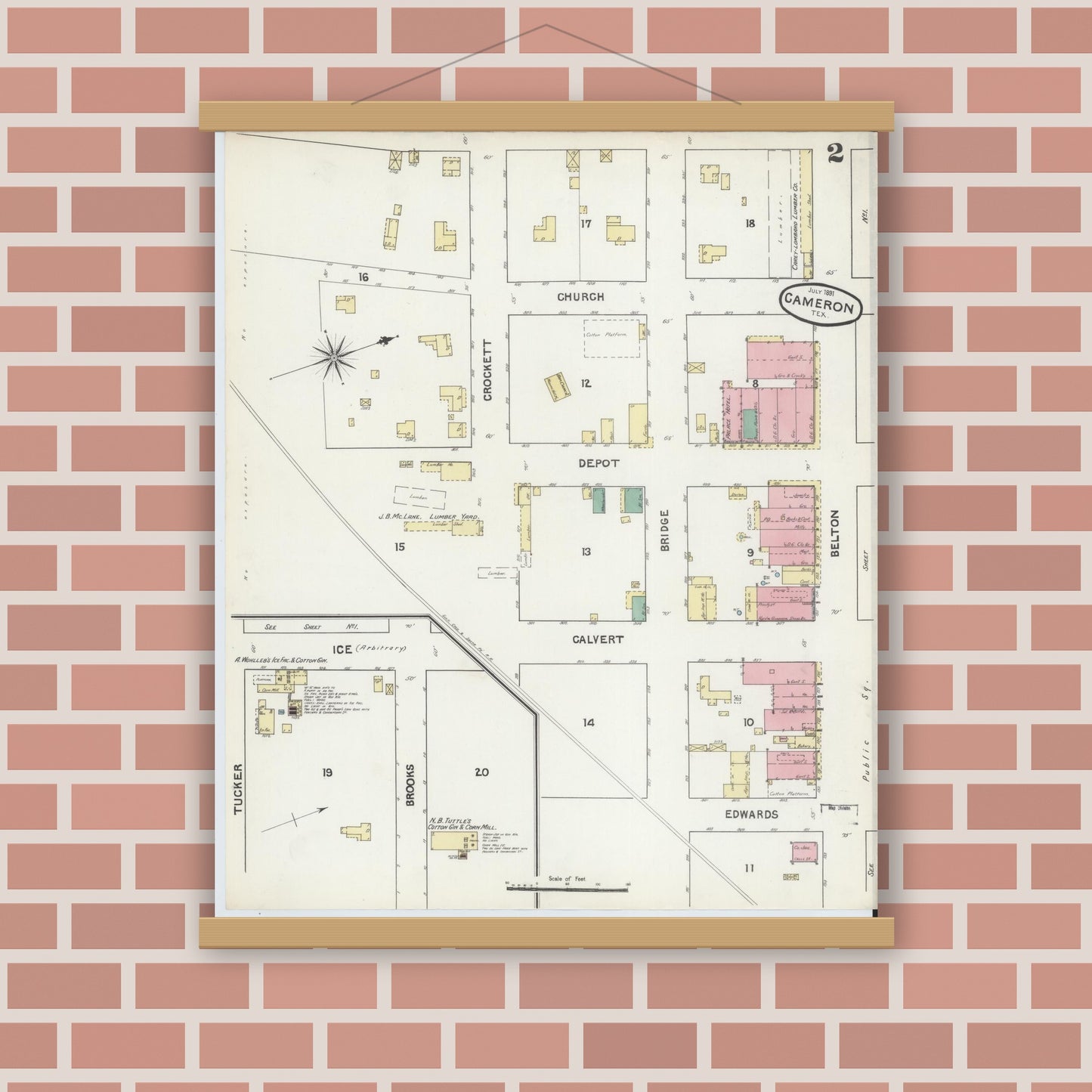 Old map wall art mockup — magnetic wood frame on brick wall — Sanborn Fire Insurance Map from Cameron, Milam County, Texas (1891), Sheet #0002