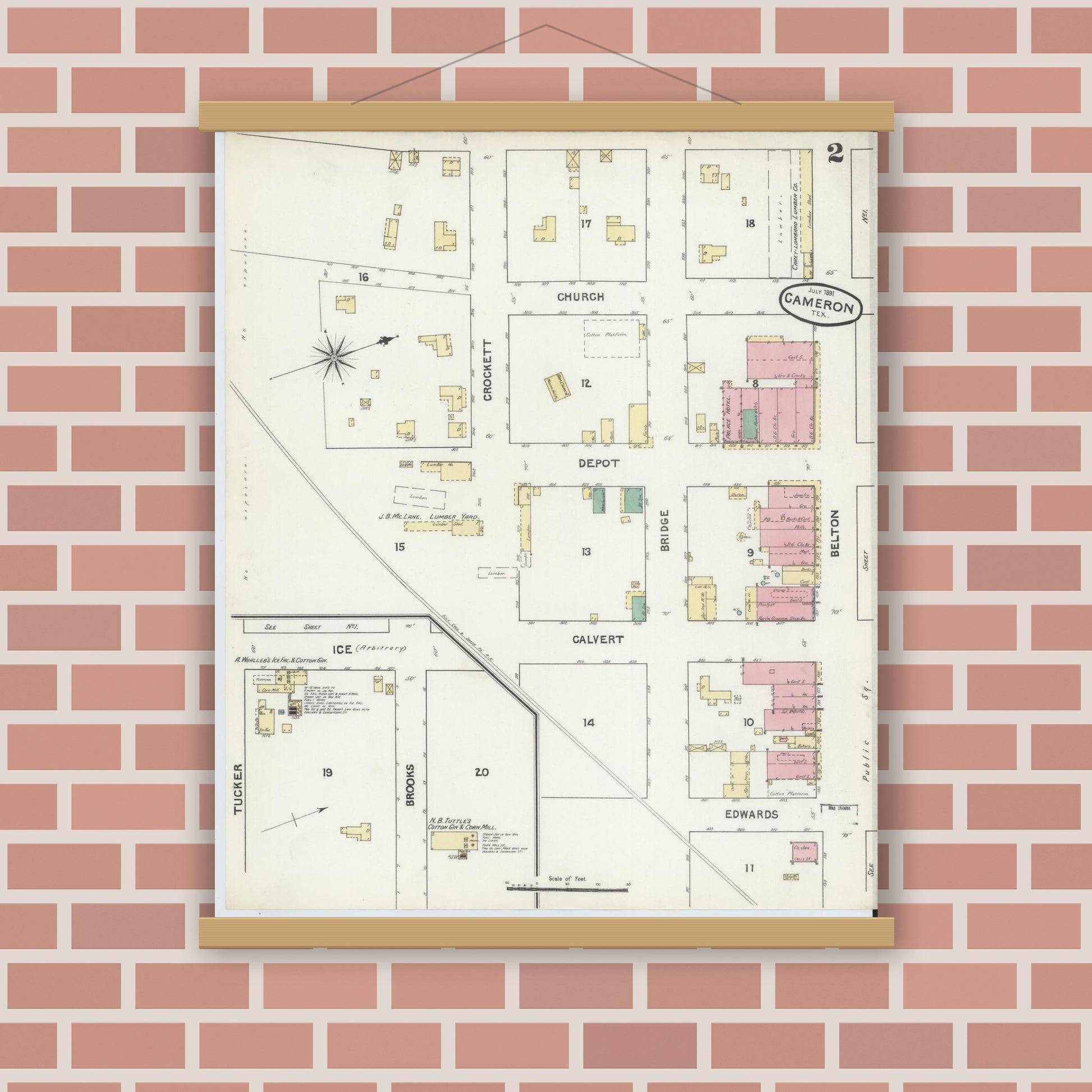 Old map wall art mockup — magnetic wood frame on brick wall — Sanborn Fire Insurance Map from Cameron, Milam County, Texas (1891), Sheet #0002