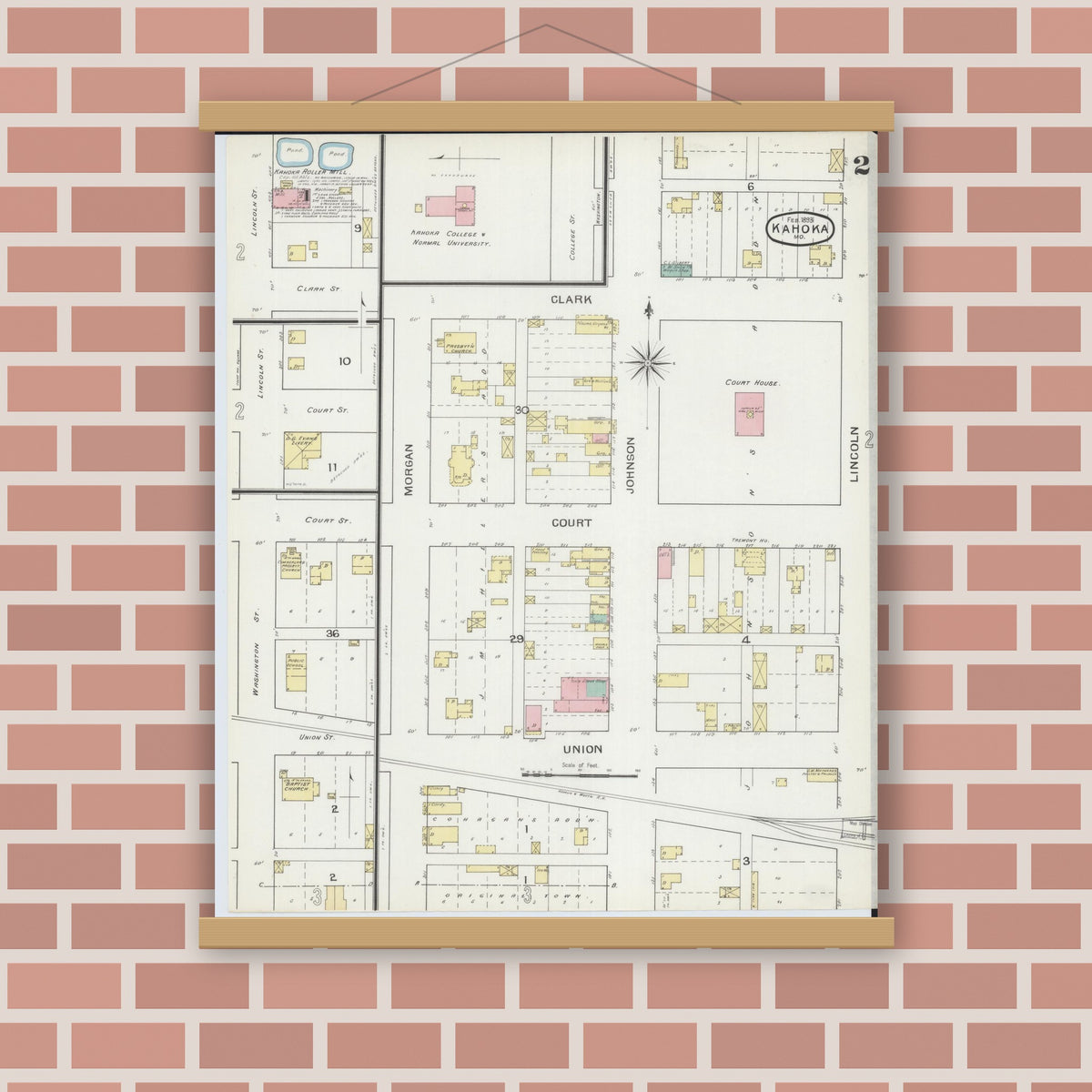 Old map wall art mockup — magnetic wood frame on brick wall — Sanborn Fire Insurance Map from Kahoka, Clark County, Missouri (1893), Sheet #0002