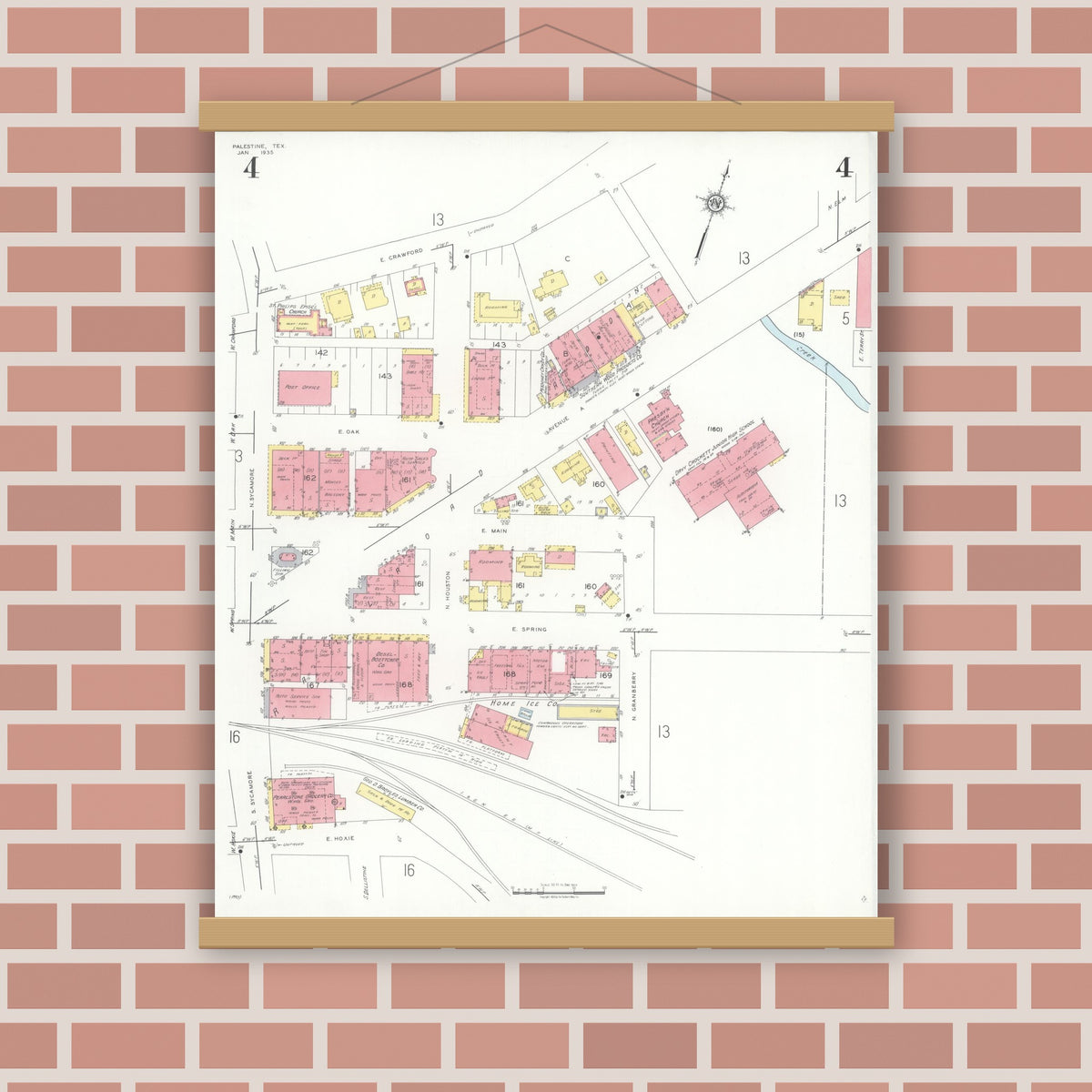Old map wall art mockup — magnetic wood frame on brick wall — Sanborn Fire Insurance Map from Palestine, Anderson County, Texas (1935), Sheet #0004