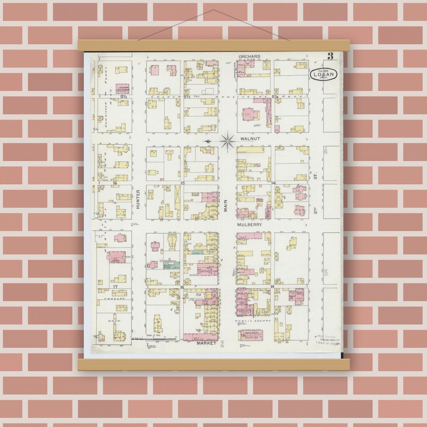 Old map wall art mockup — magnetic wood frame on brick wall — Sanborn Fire Insurance Map from Logan, Hocking County, Ohio (1893), Sheet #0003
