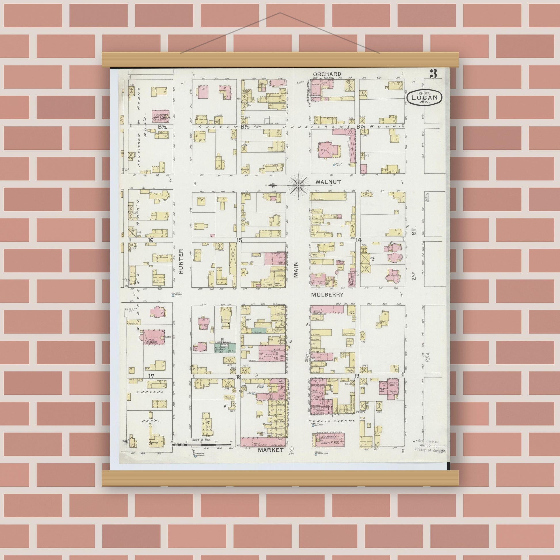 Old map wall art mockup — magnetic wood frame on brick wall — Sanborn Fire Insurance Map from Logan, Hocking County, Ohio (1893), Sheet #0003