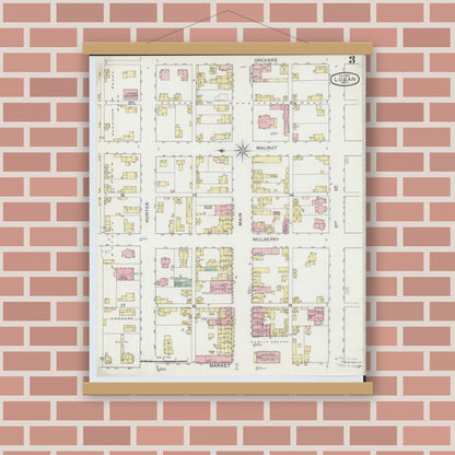 Old map wall art mockup — magnetic wood frame on brick wall — Sanborn Fire Insurance Map from Logan, Hocking County, Ohio (1893), Sheet #0003