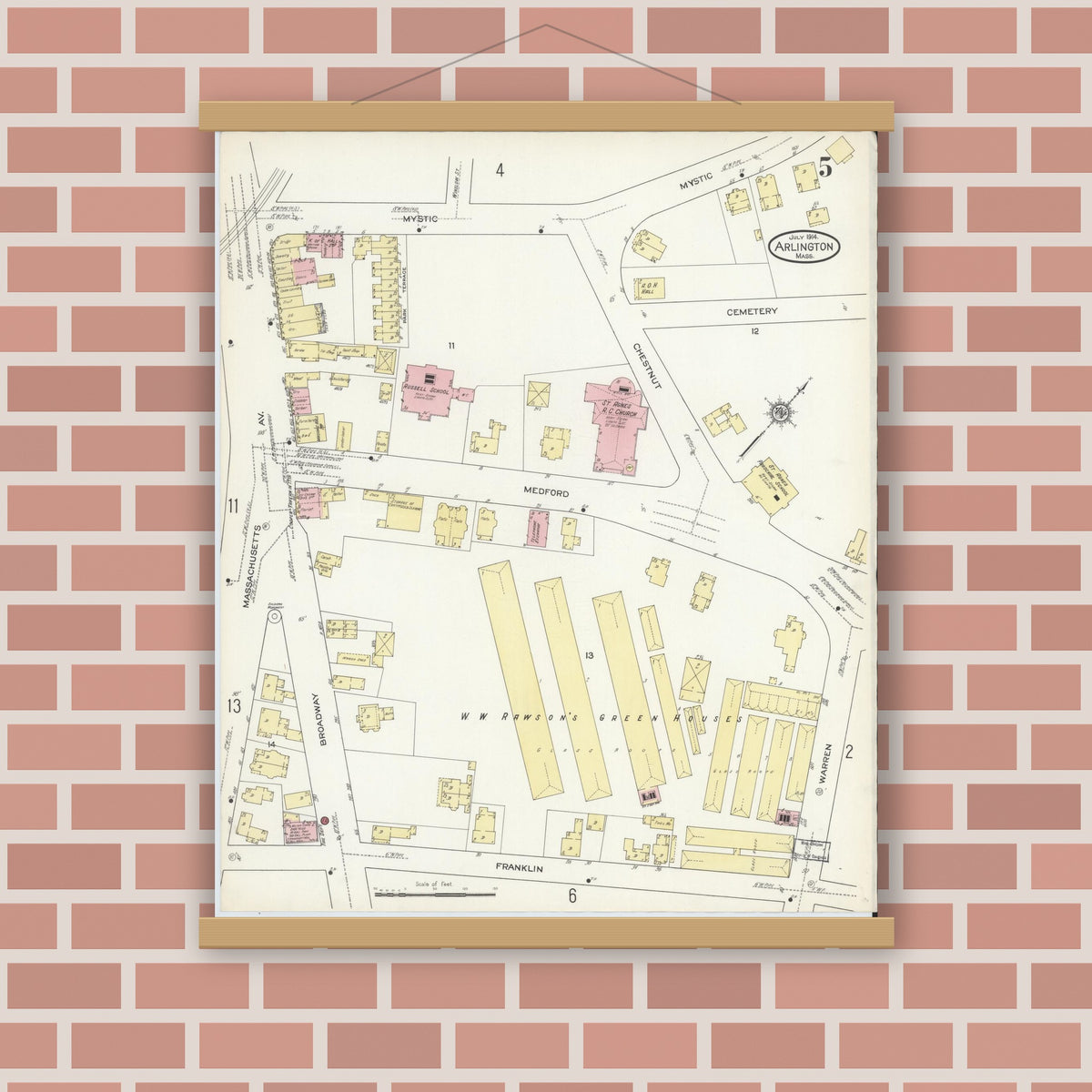 Old map wall art mockup — magnetic wood frame on brick wall — Sanborn Fire Insurance Map from Arlington, Middlesex County, Massachusetts (1914), Sheet #0005