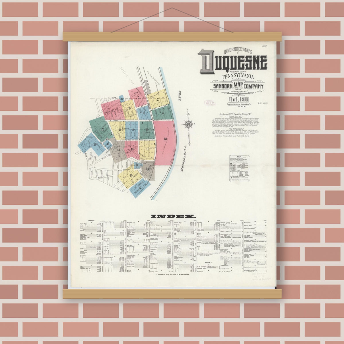 Old map wall art mockup — magnetic wood frame on brick wall — Sanborn Fire Insurance Map from Duquesne, Allegheny County, Pennsylvania (1911) - Complete Map Set
