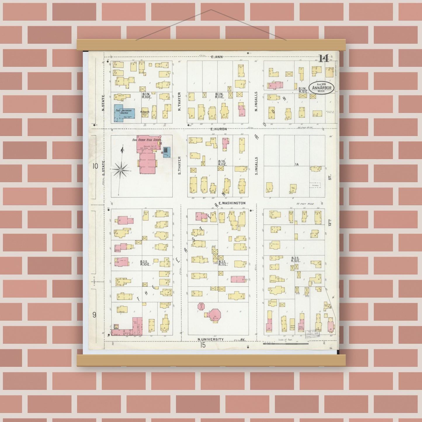 Old map wall art mockup — magnetic wood frame on brick wall — Sanborn Fire Insurance Map from Ann Arbor, Washtenaw County, Michigan (1899), Sheet #0014