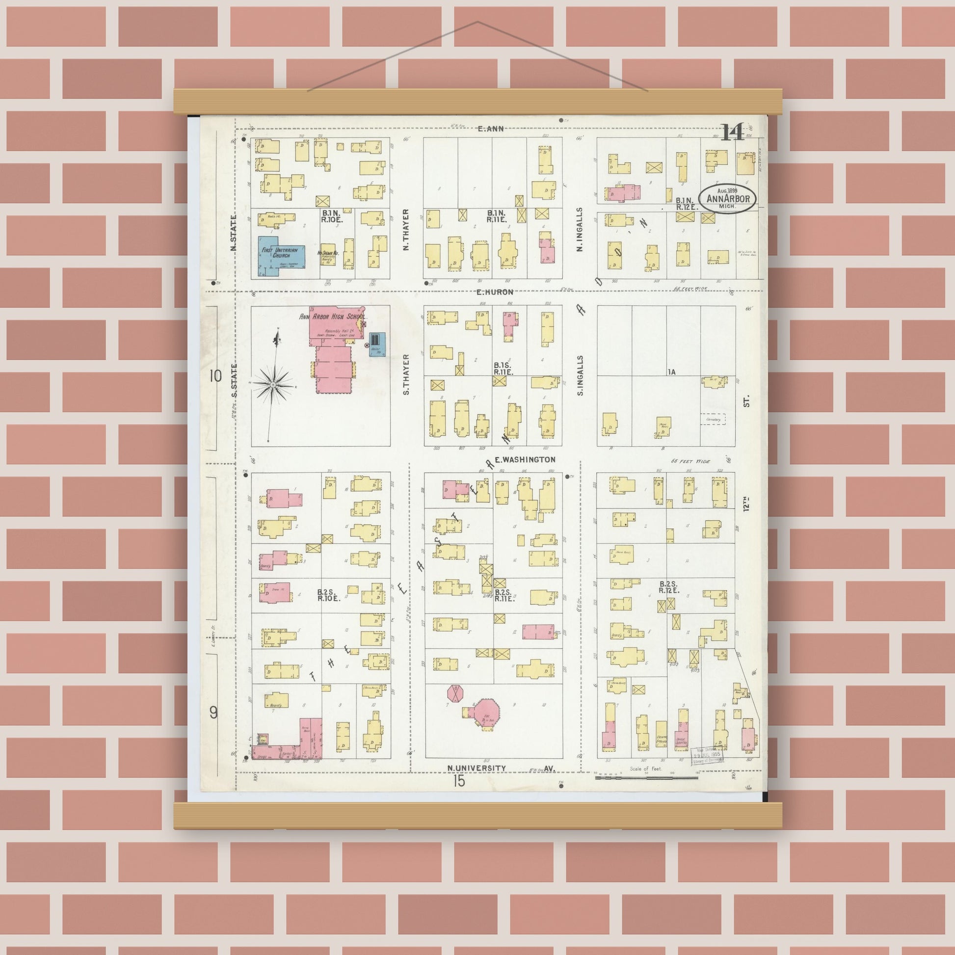 Old map wall art mockup — magnetic wood frame on brick wall — Sanborn Fire Insurance Map from Ann Arbor, Washtenaw County, Michigan (1899), Sheet #0014