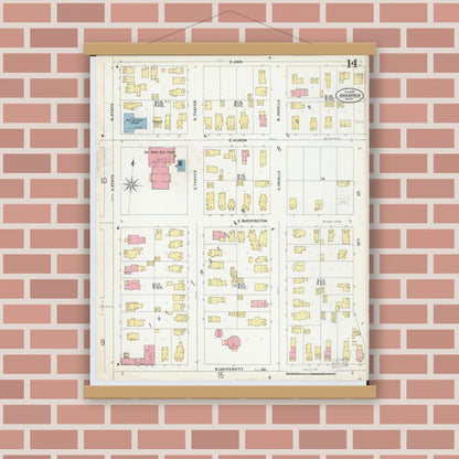 Old map wall art mockup — magnetic wood frame on brick wall — Sanborn Fire Insurance Map from Ann Arbor, Washtenaw County, Michigan (1899), Sheet #0014