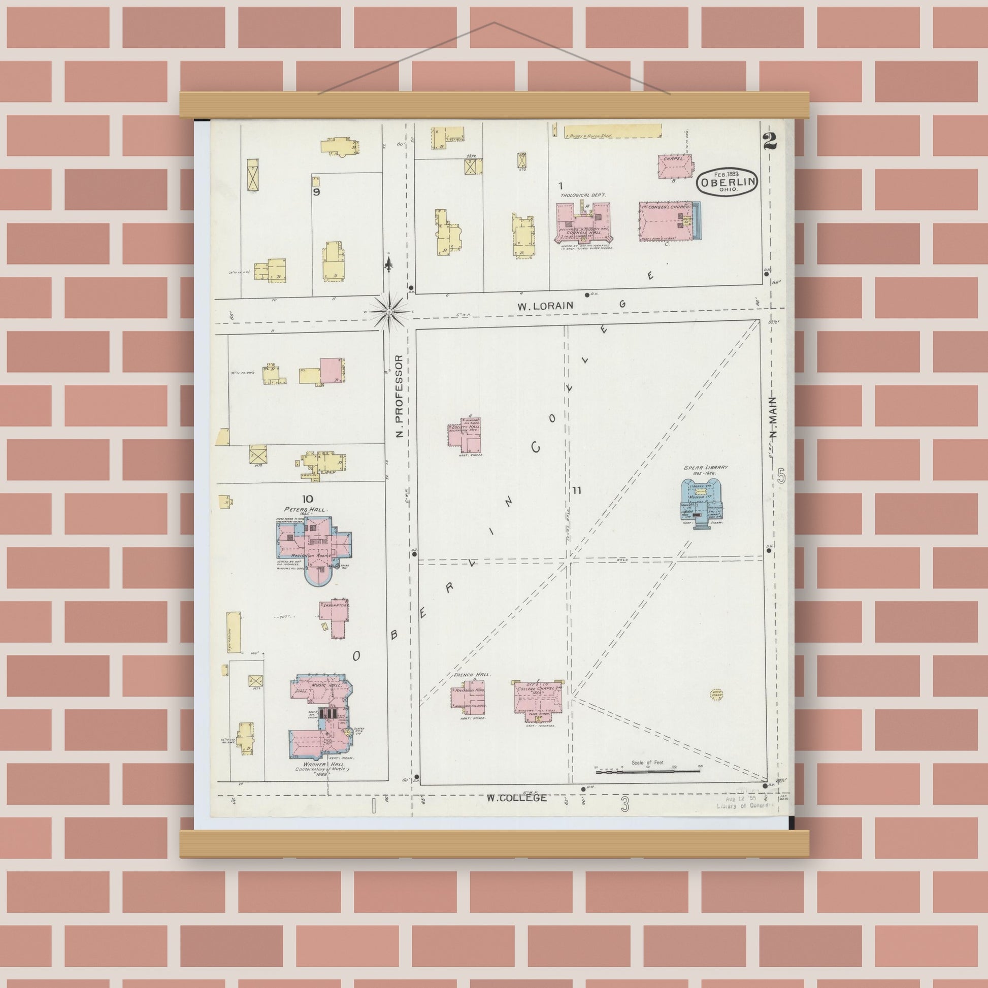 Old map wall art mockup — magnetic wood frame on brick wall — Sanborn Fire Insurance Map from Oberlin, Lorain County, Ohio (1893), Sheet #0002