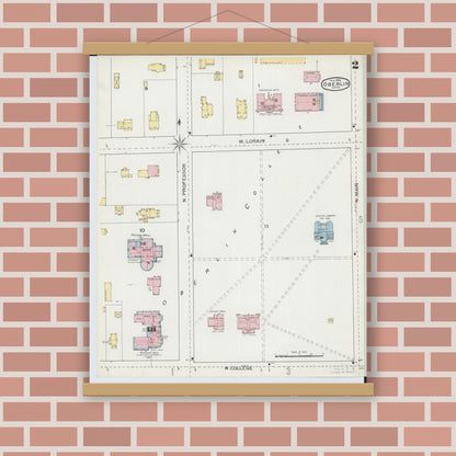 Old map wall art mockup — magnetic wood frame on brick wall — Sanborn Fire Insurance Map from Oberlin, Lorain County, Ohio (1893), Sheet #0002