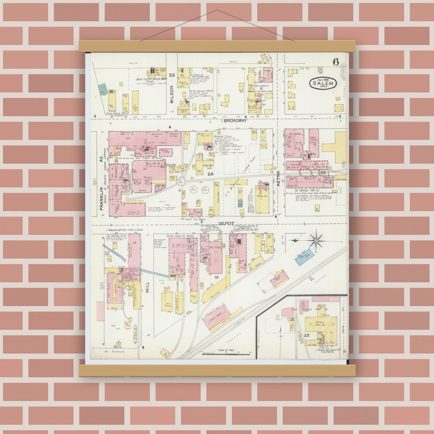 Old map wall art mockup — magnetic wood frame on brick wall — Sanborn Fire Insurance Map from Salem, Columbiana County, Ohio (1892), Sheet #0006