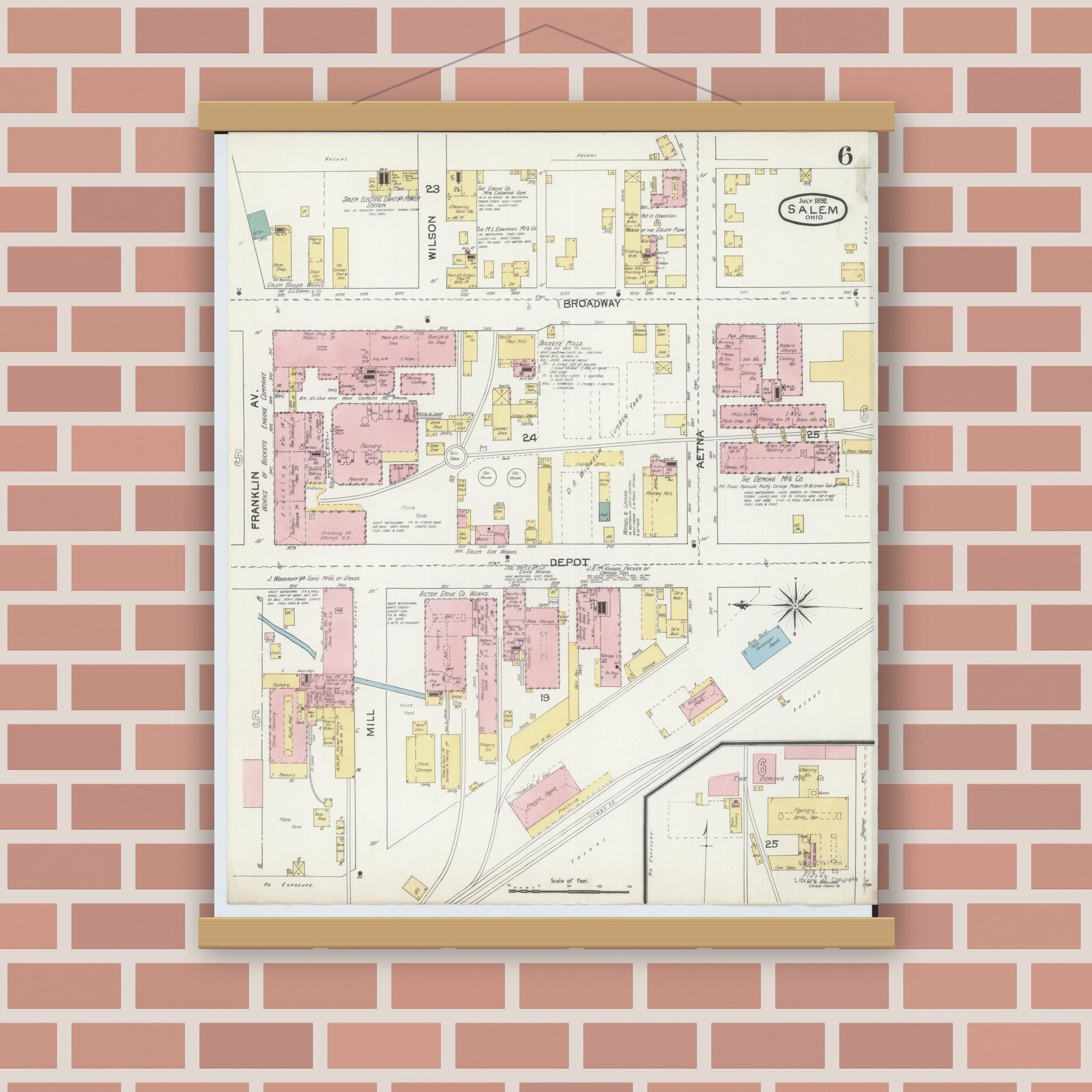 Old map wall art mockup — magnetic wood frame on brick wall — Sanborn Fire Insurance Map from Salem, Columbiana County, Ohio (1892), Sheet #0006