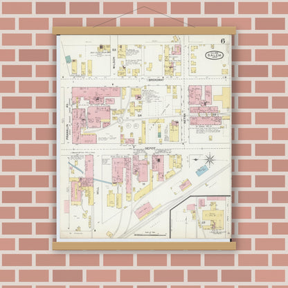 Old map wall art mockup — magnetic wood frame on brick wall — Sanborn Fire Insurance Map from Salem, Columbiana County, Ohio (1892), Sheet #0006