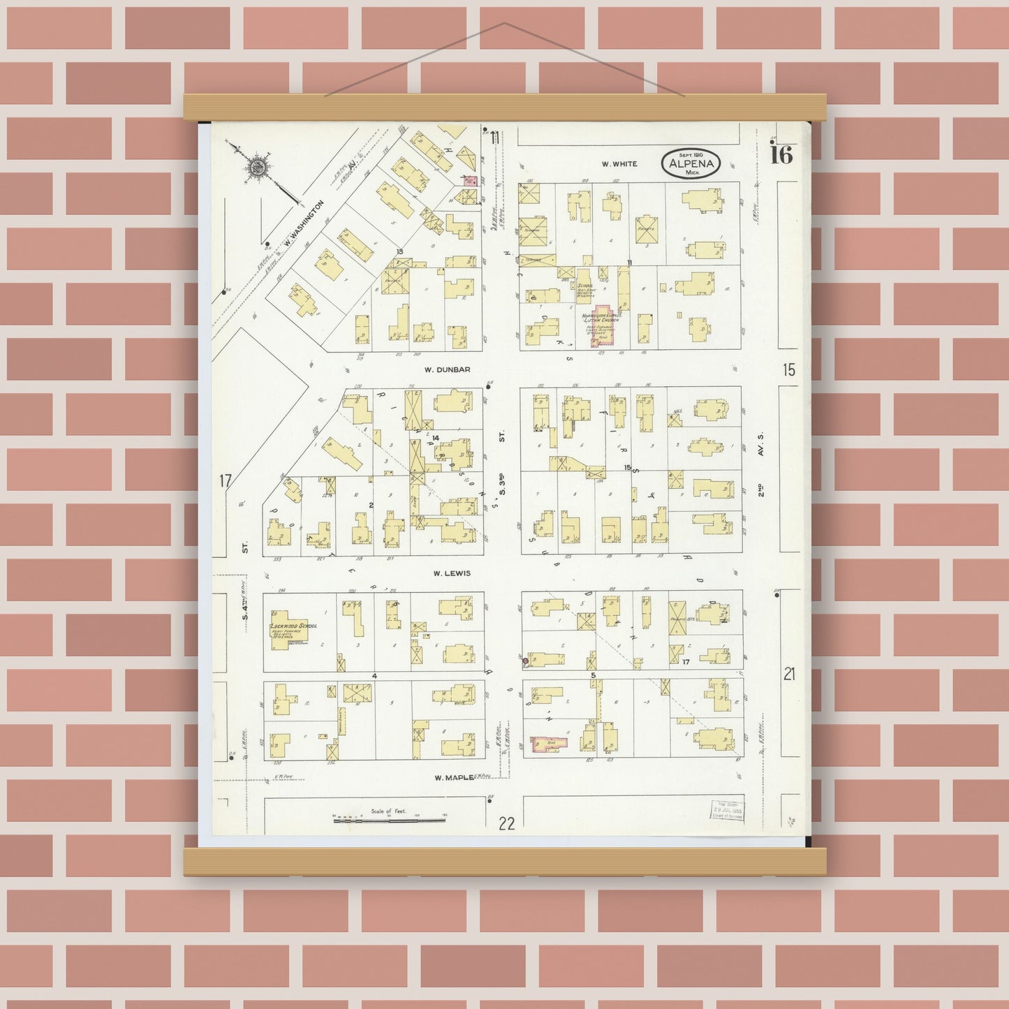 Old map wall art mockup — magnetic wood frame on brick wall — Sanborn Fire Insurance Map from Alpena, Alpena County, Michigan (1910), Sheet #0016
