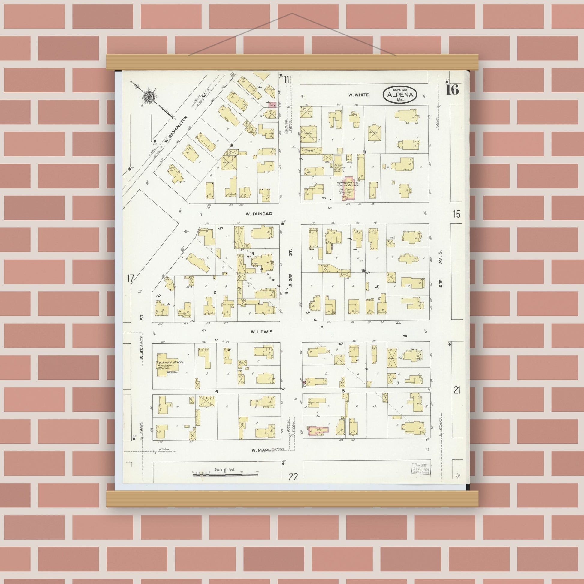 Old map wall art mockup — magnetic wood frame on brick wall — Sanborn Fire Insurance Map from Alpena, Alpena County, Michigan (1910), Sheet #0016