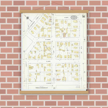 Old map wall art mockup — magnetic wood frame on brick wall — Sanborn Fire Insurance Map from Alpena, Alpena County, Michigan (1910), Sheet #0016