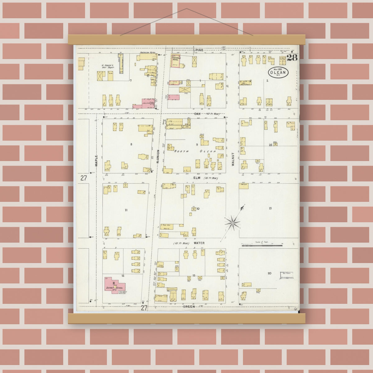 Old map wall art mockup — magnetic wood frame on brick wall — Sanborn Fire Insurance Map from Olean, Cattaraugus County, New York (1898), Sheet #0028