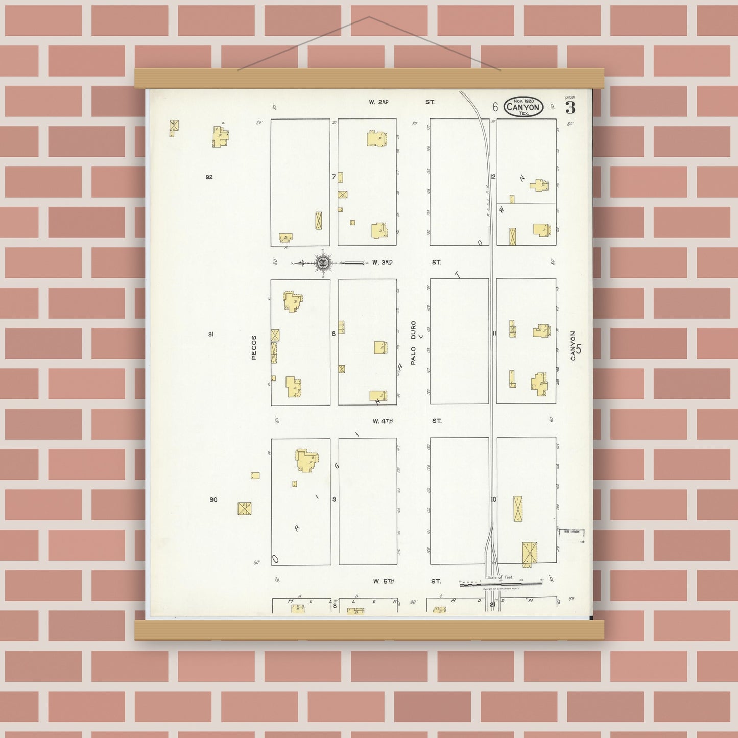 Old map wall art mockup — magnetic wood frame on brick wall — Sanborn Fire Insurance Map from Canyon, Randall County, Texas (1920), Sheet #0003
