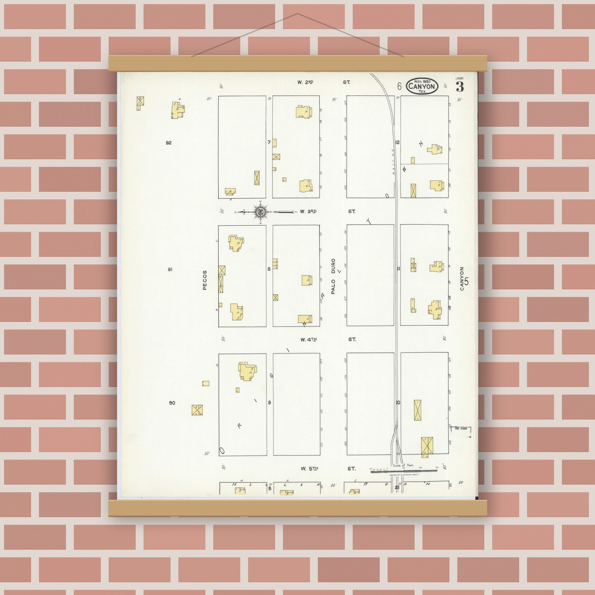 Old map wall art mockup — magnetic wood frame on brick wall — Sanborn Fire Insurance Map from Canyon, Randall County, Texas (1920), Sheet #0003