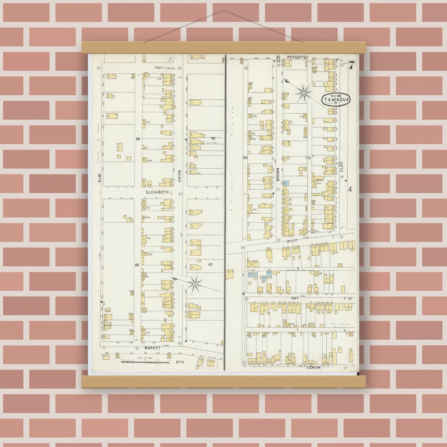 Old map wall art mockup — magnetic wood frame on brick wall — Sanborn Fire Insurance Map from Tamaqua, Schuylkill County, Pennsylvania (1896), Sheet #0007