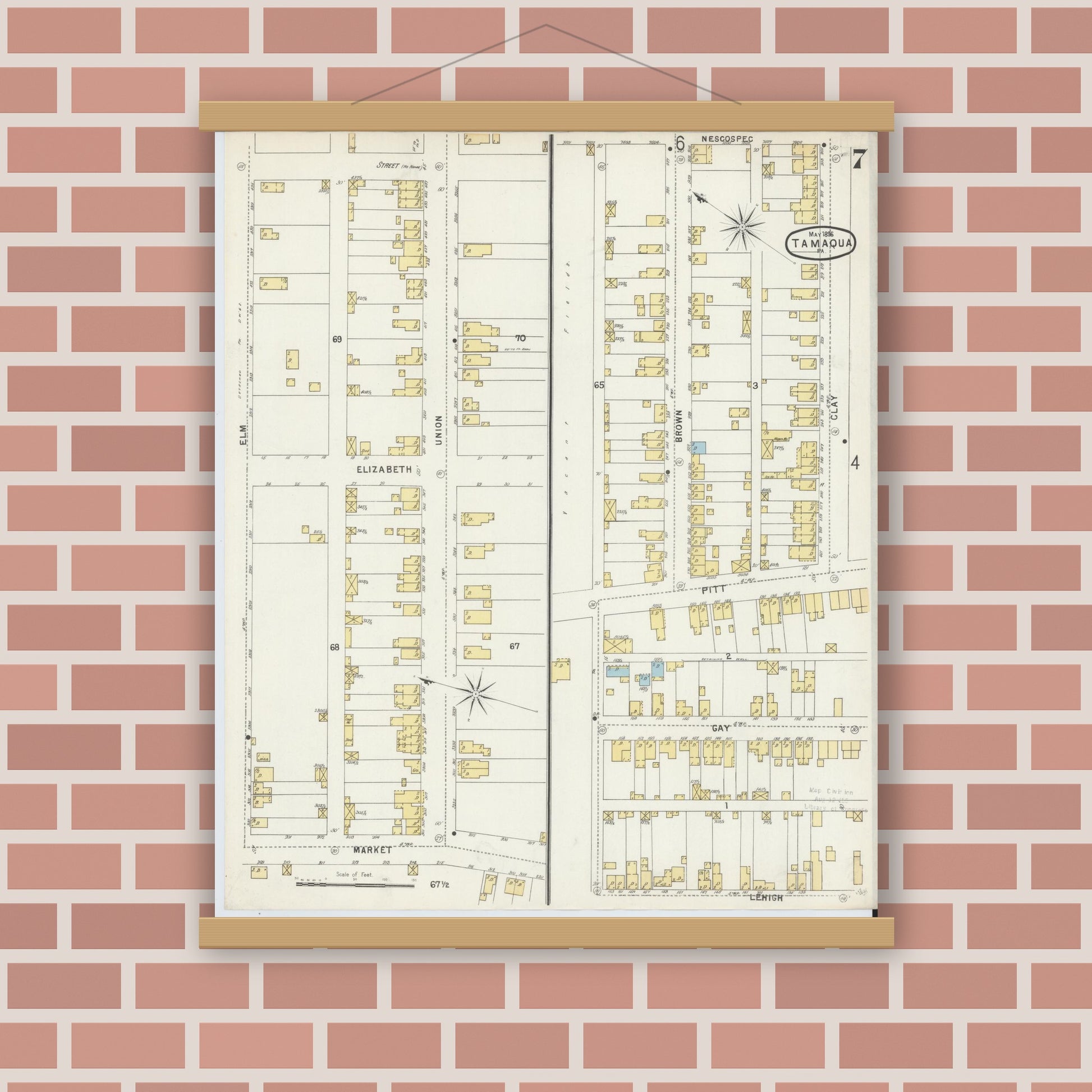 Old map wall art mockup — magnetic wood frame on brick wall — Sanborn Fire Insurance Map from Tamaqua, Schuylkill County, Pennsylvania (1896), Sheet #0007