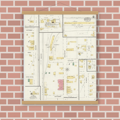 Old map wall art mockup — magnetic wood frame on brick wall — Sanborn Fire Insurance Map from Beeville, Bee County, Texas (1898), Sheet #0002