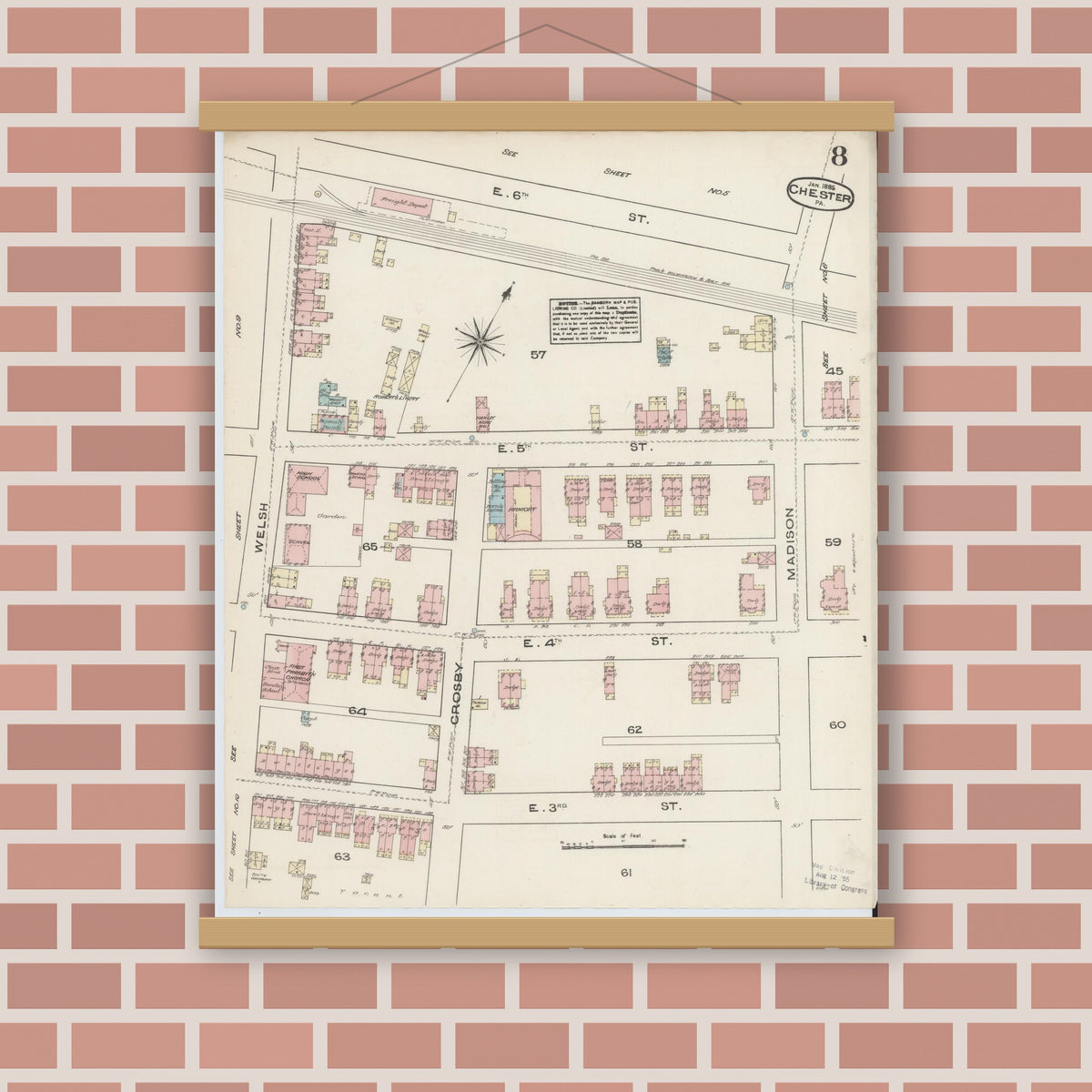 Old map wall art mockup — magnetic wood frame on brick wall — Sanborn Fire Insurance Map from Chester, Delaware County, Pennsylvania (1885), Sheet #0008