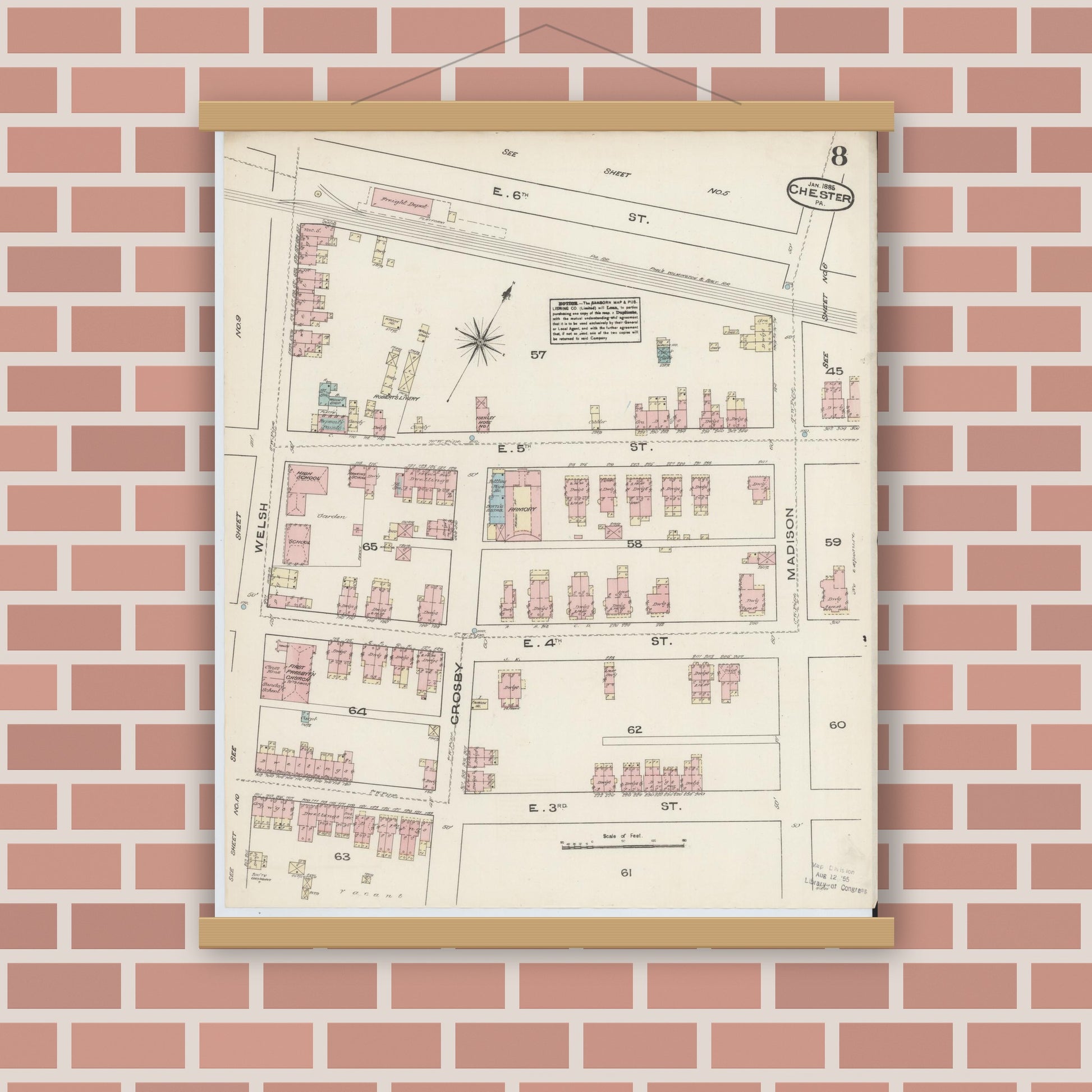 Old map wall art mockup — magnetic wood frame on brick wall — Sanborn Fire Insurance Map from Chester, Delaware County, Pennsylvania (1885), Sheet #0008