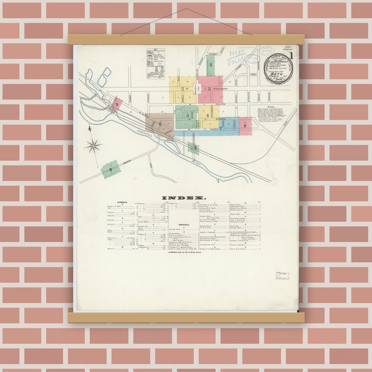 Old map wall art mockup — magnetic wood frame on brick wall — Sanborn Fire Insurance Map from Bath, Steuben County, New York (1898) - Complete Map Set