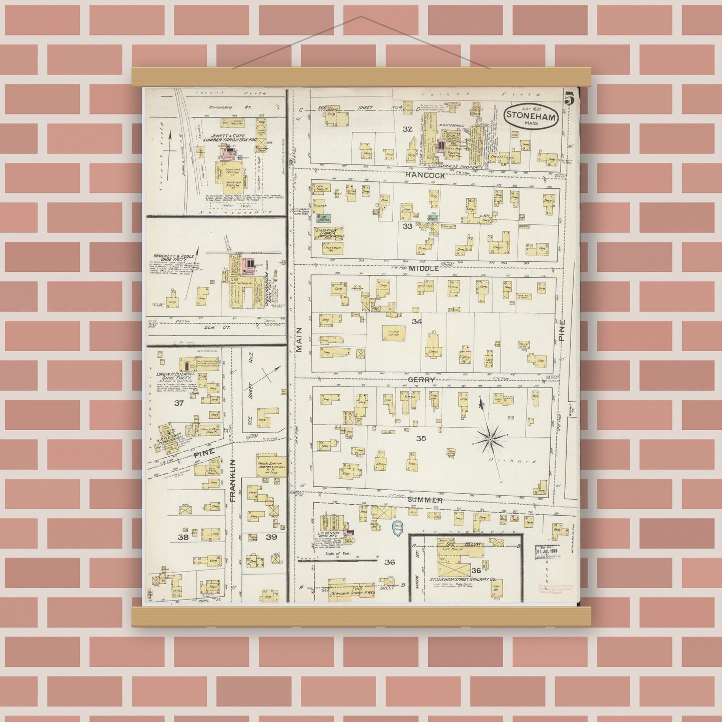 Old map wall art mockup — magnetic wood frame on brick wall — Sanborn Fire Insurance Map from Stoneham, Middlesex County, Massachusetts (1887), Sheet #0005
