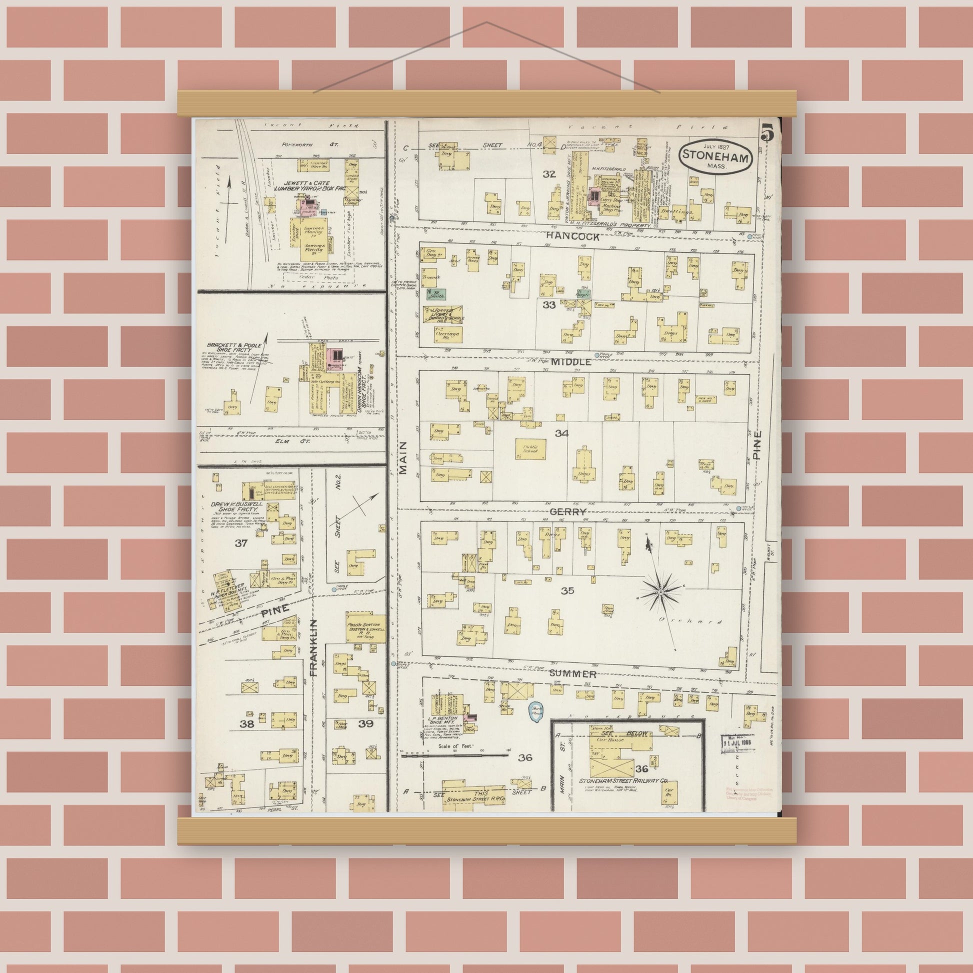 Old map wall art mockup — magnetic wood frame on brick wall — Sanborn Fire Insurance Map from Stoneham, Middlesex County, Massachusetts (1887), Sheet #0005